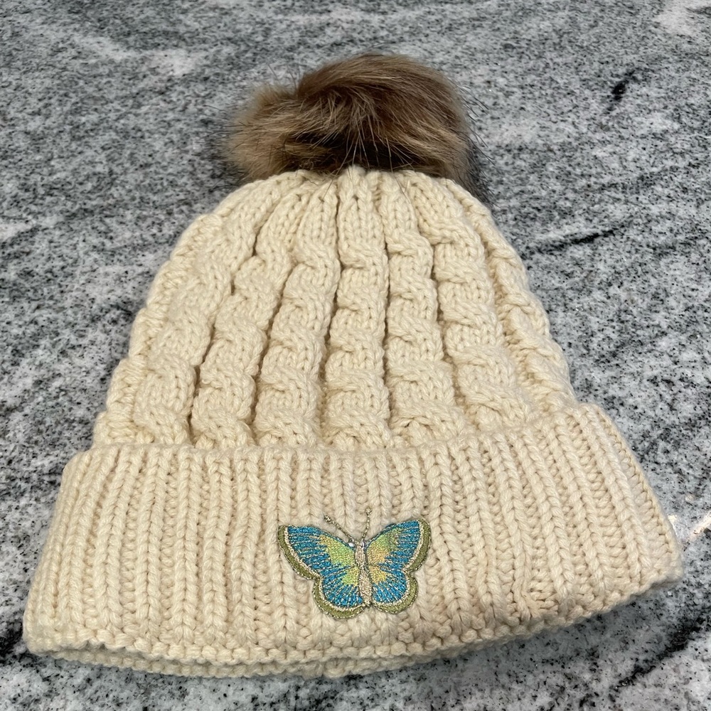 Price Firm. New Custom Designed Cream Pom Pom Beanie with Butterfly